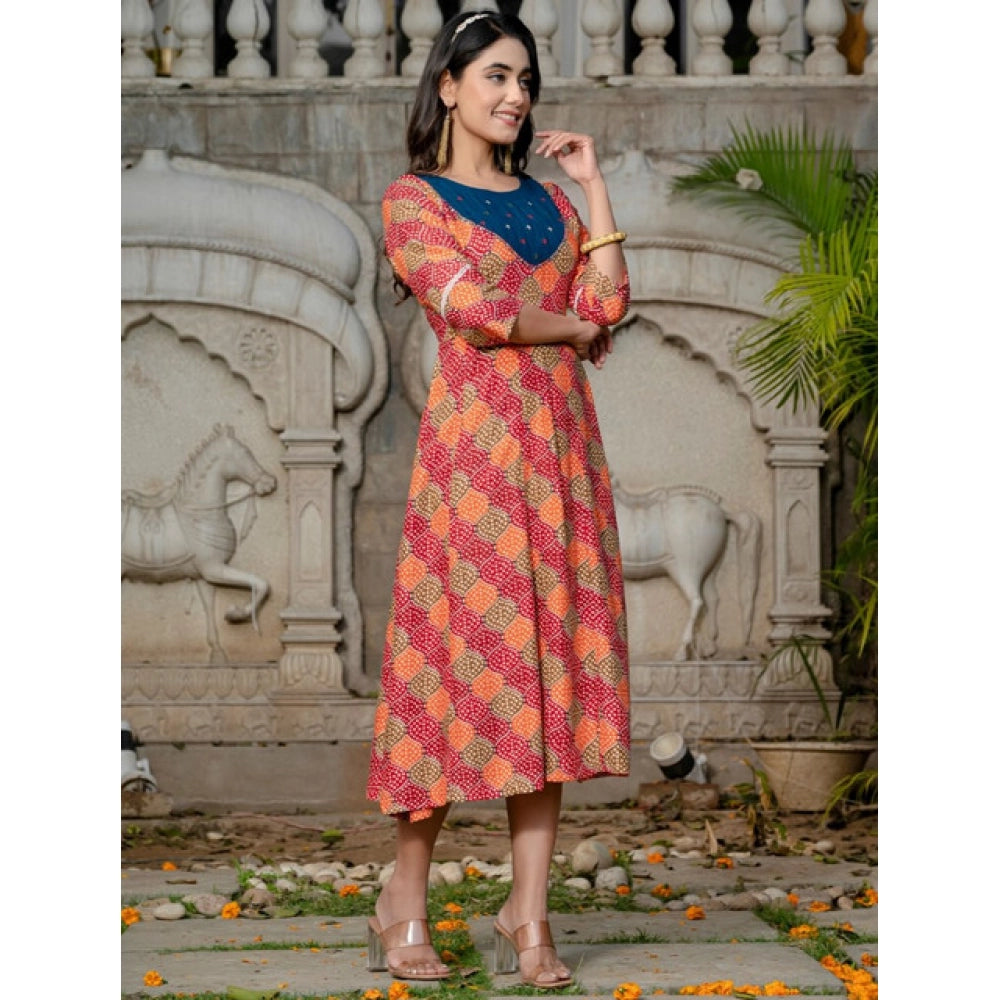 Snuggle Spot Women's Rayon Print With Embroidery Work A-Line Kurti (Multicolor)