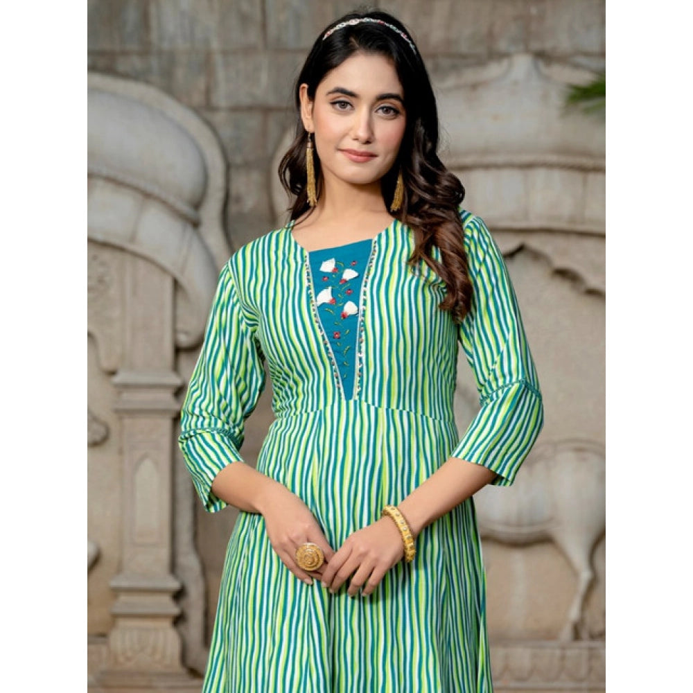 Snuggle Spot Women's Rayon Print With Embroidery Work A-Line Kurti (Rama)