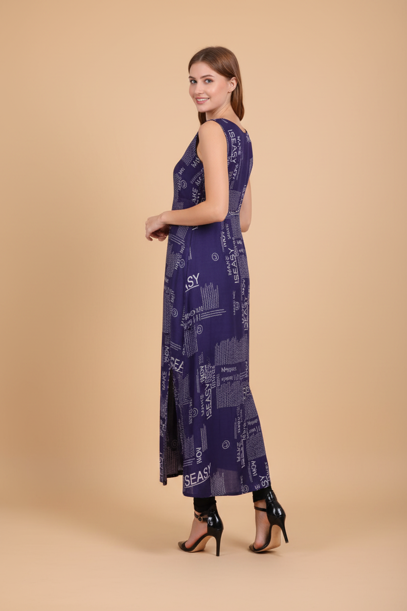 Snuggle Spot Women's Casual Crepe Sleeveless Slit Dress (Navy Blue)