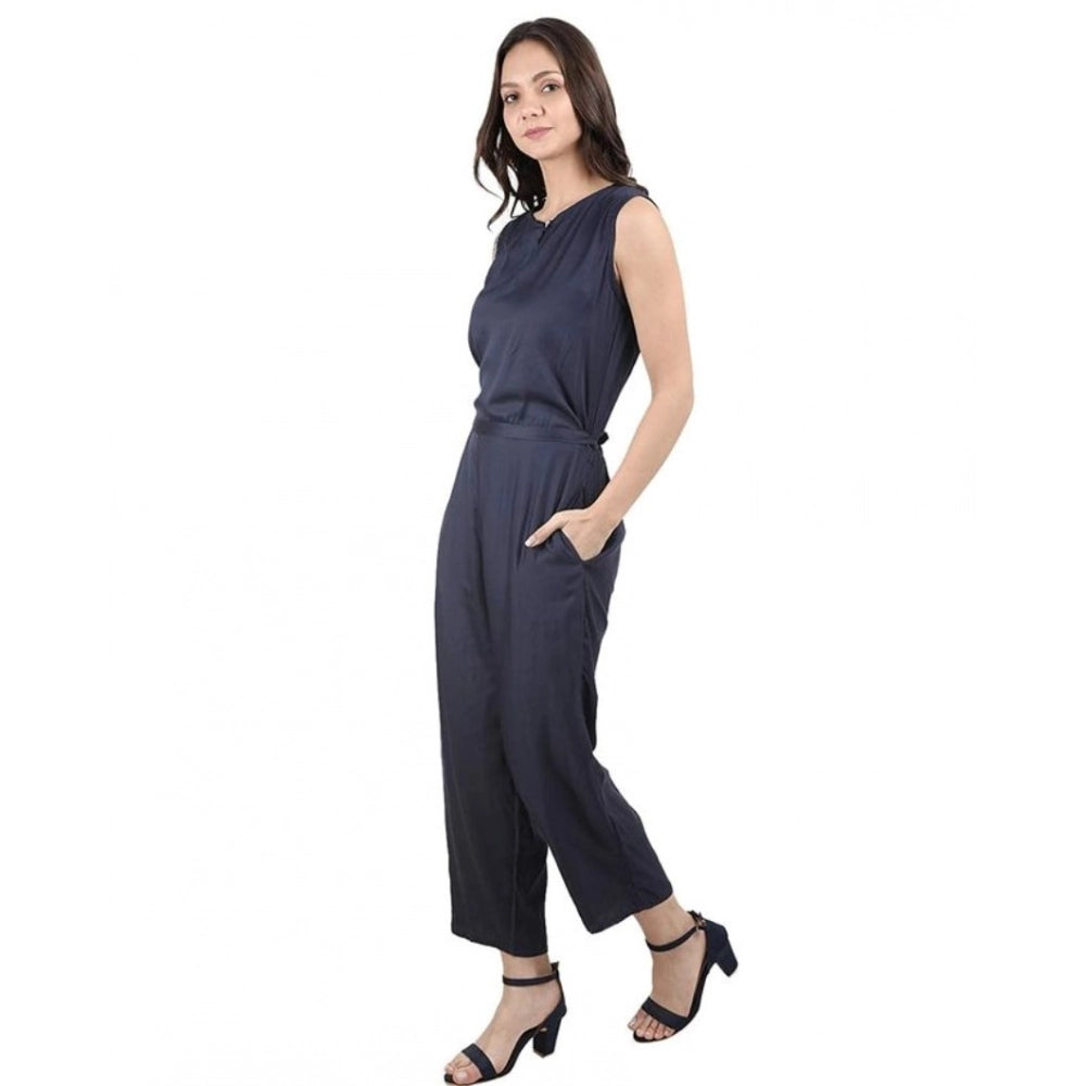 Snuggle Spot Women's Casual Crepe Sleeveless Jump Suit (Navy Blue)