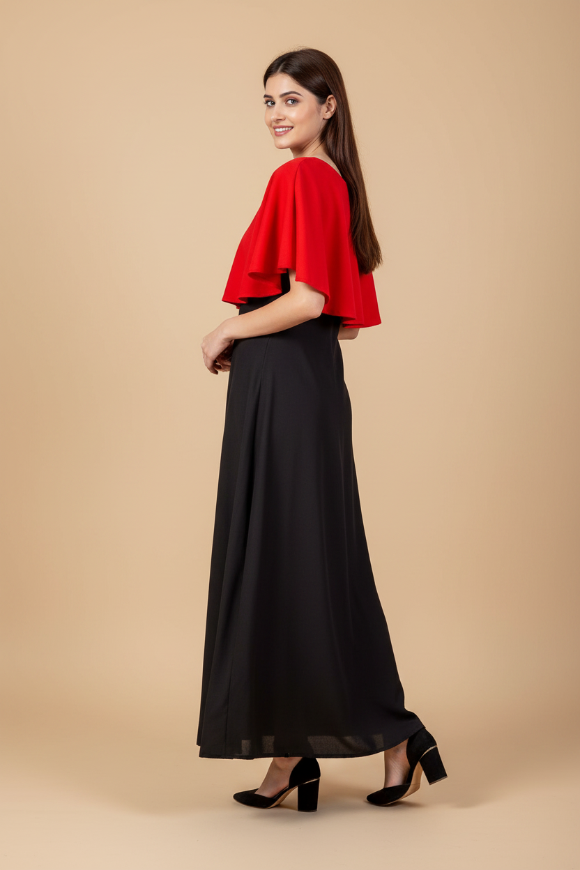 Snuggle Spot Women's Casual Crepe Sleeveless Cape Dress (Red)
