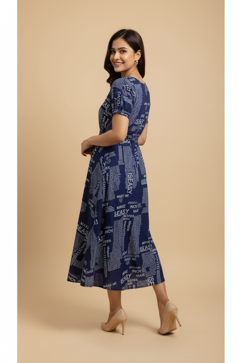 Snuggle Spot Women's Casual Crepe Half Sleeves Dress (Blue)