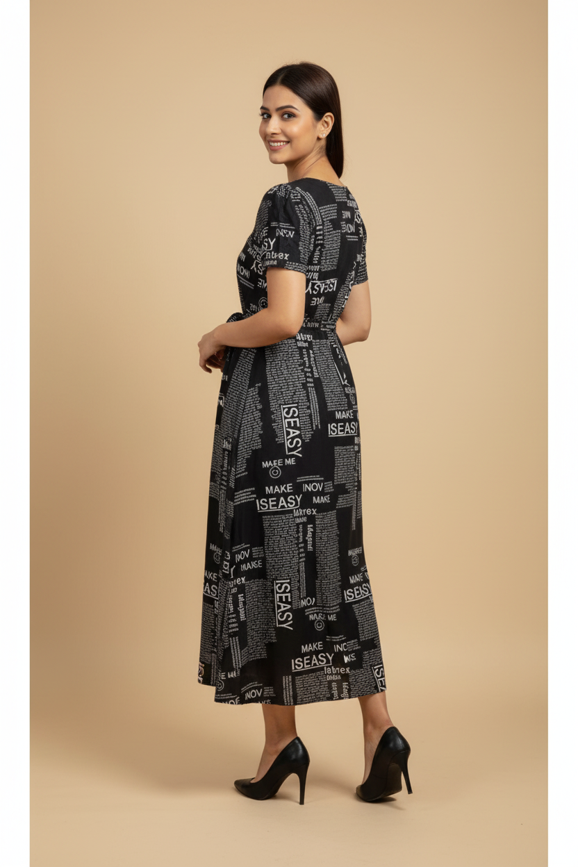 Snuggle Spot Women's Casual Crepe Half Sleeves Dress (Black)