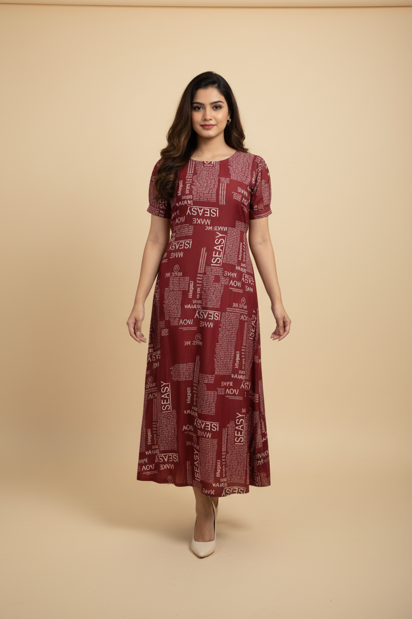 Snuggle Spot Women's Casual Crepe Half Sleeves Dress (Maroon)