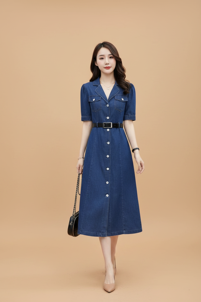Snuggle Spot Women's Casual Denim Half Sleeves Dress (Blue)