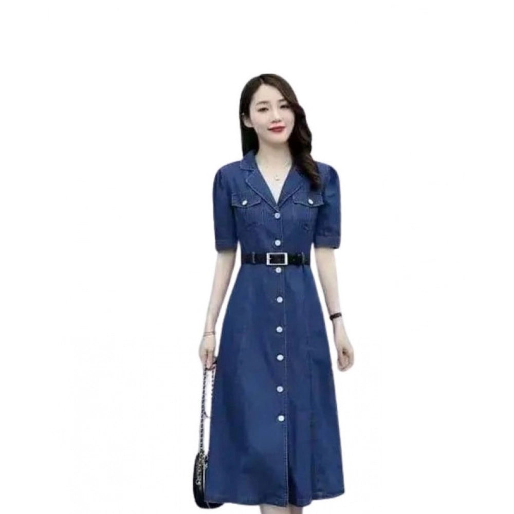 Snuggle Spot Women's Casual Denim Half Sleeves Dress (Blue)