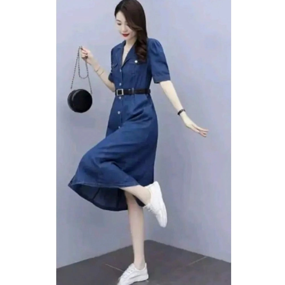 Snuggle Spot Women's Casual Denim Half Sleeves Dress (Blue)
