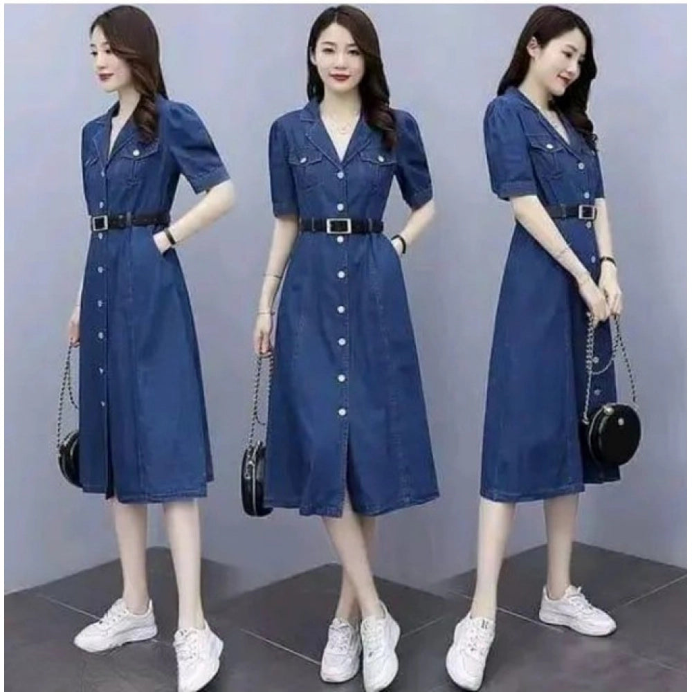 Snuggle Spot Women's Casual Denim Half Sleeves Dress (Blue)