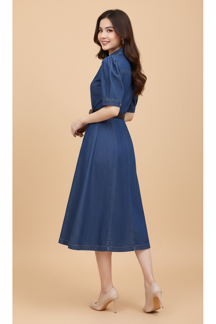 Snuggle Spot Women's Casual Denim Half Sleeves Dress (Blue)