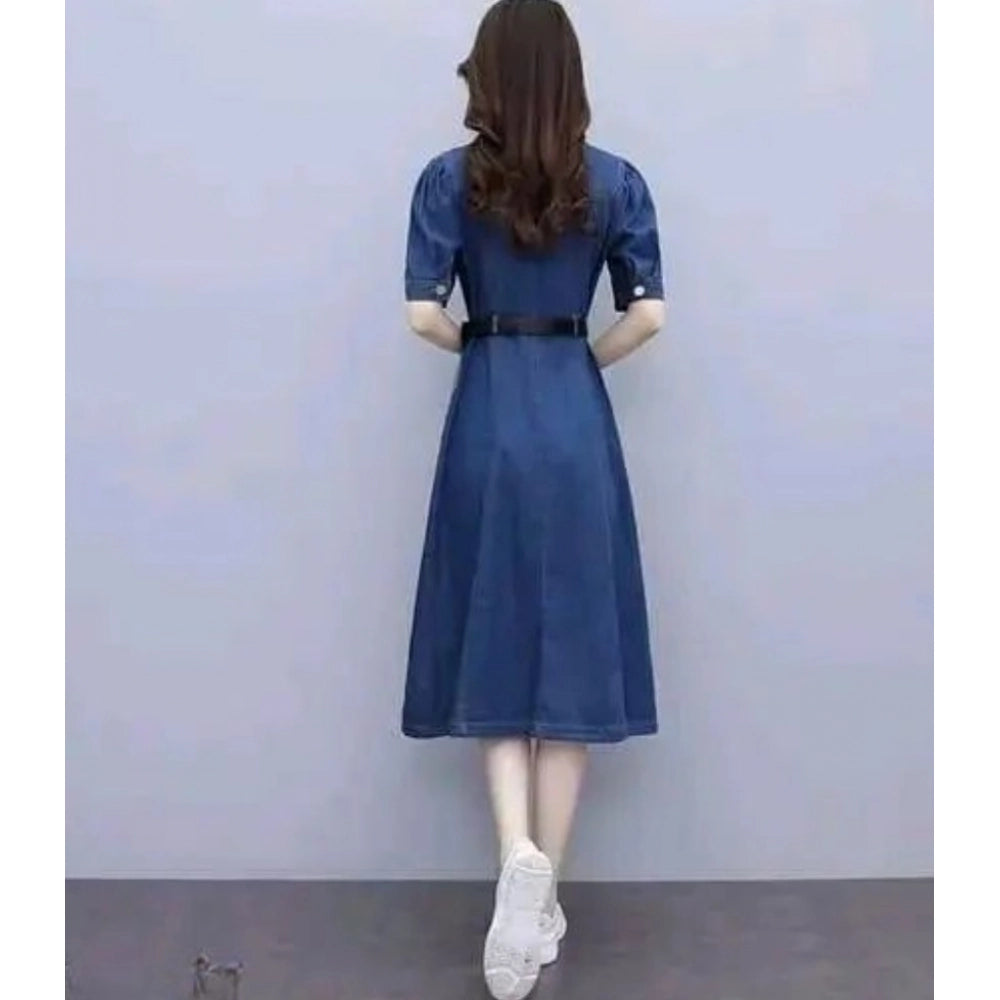 Snuggle Spot Women's Casual Denim Half Sleeves Dress (Blue)