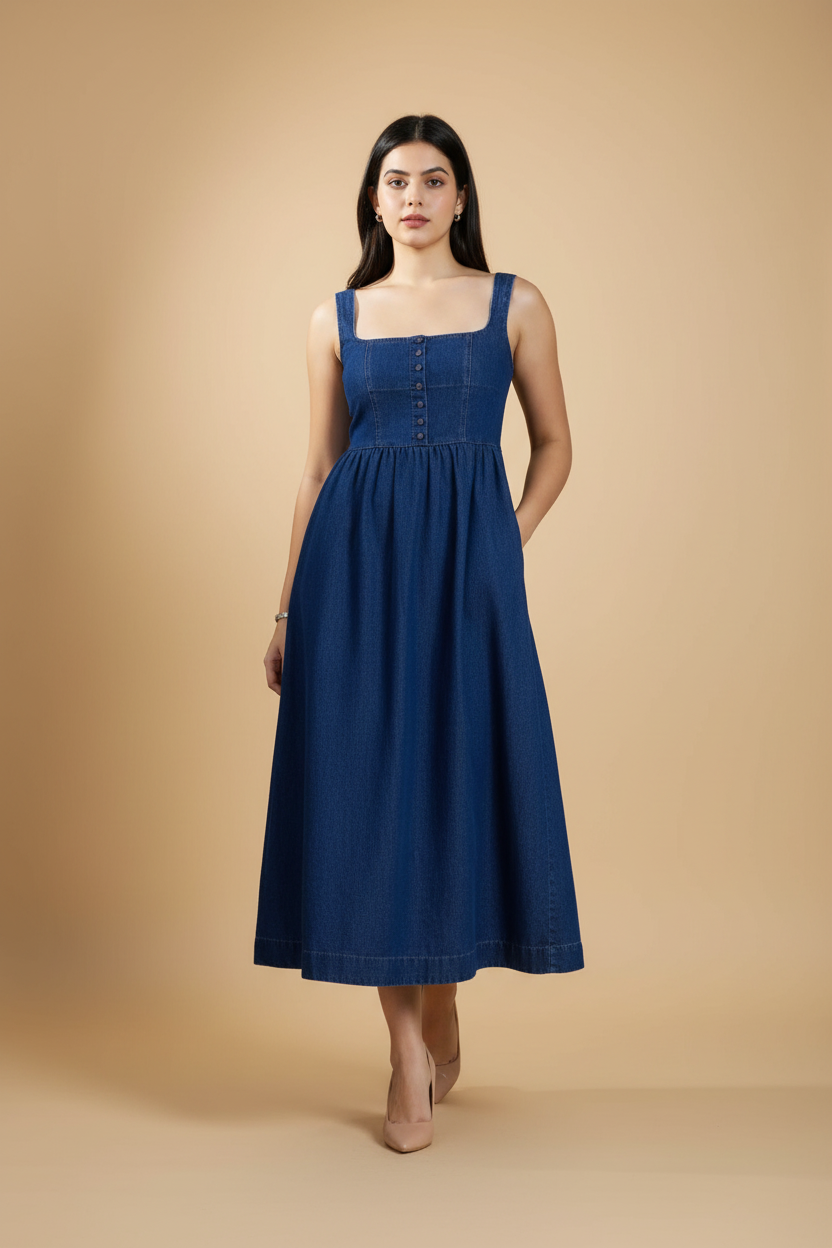 Snuggle Spot Women's Casual Denim Sleeveless Dress (Blue)