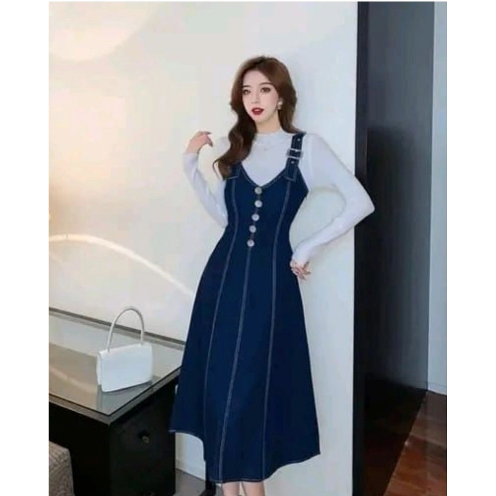 Snuggle Spot Women's Casual Denim Sleeveless Dress (Blue)