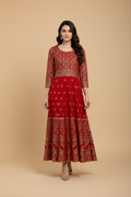 Snuggle Spot Women's Casual Rayon 3-4th Sleeves Anarkali Kurti (Red)