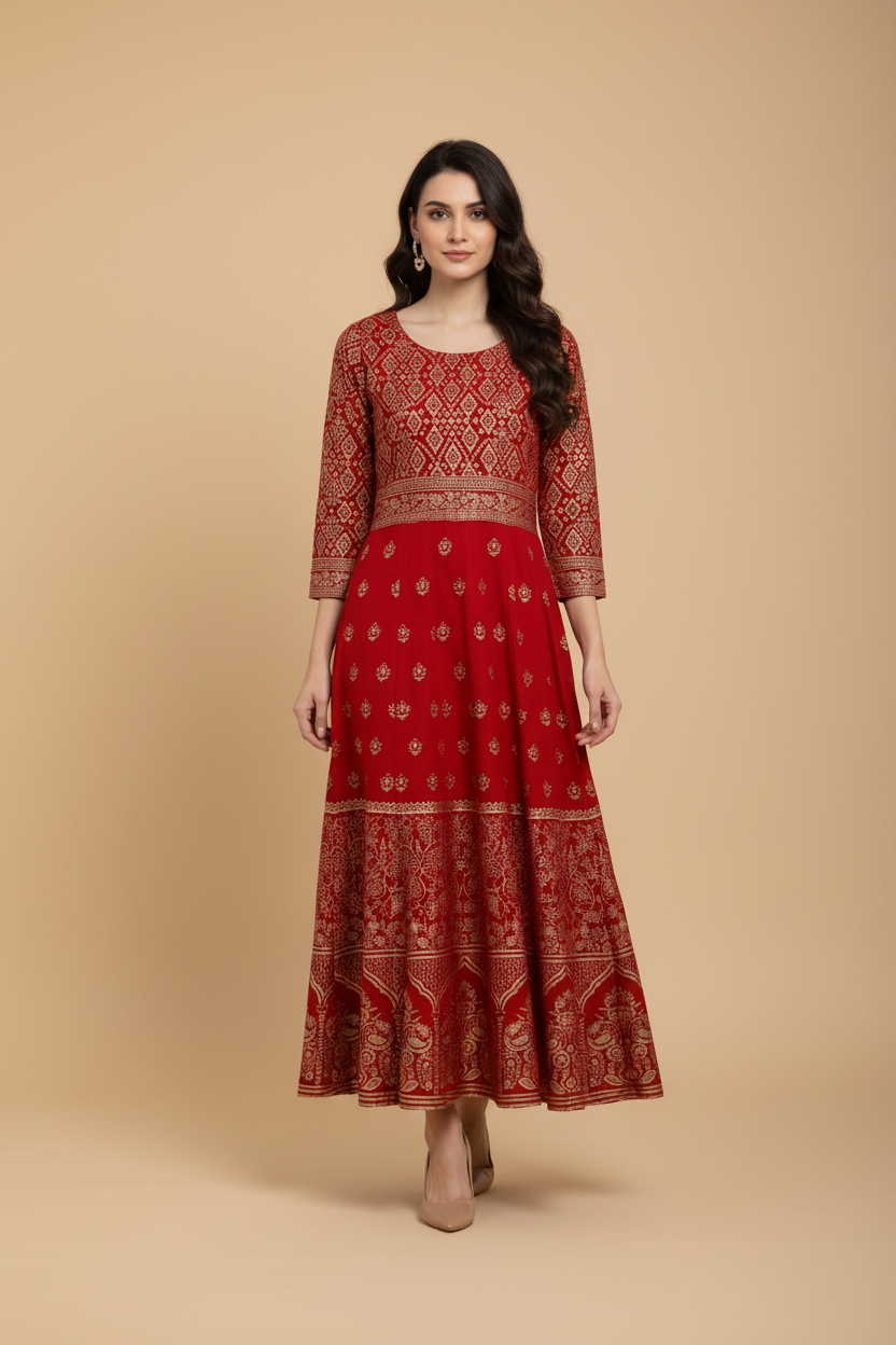 Snuggle Spot Women's Casual Rayon 3-4th Sleeves Anarkali Kurti (Red)