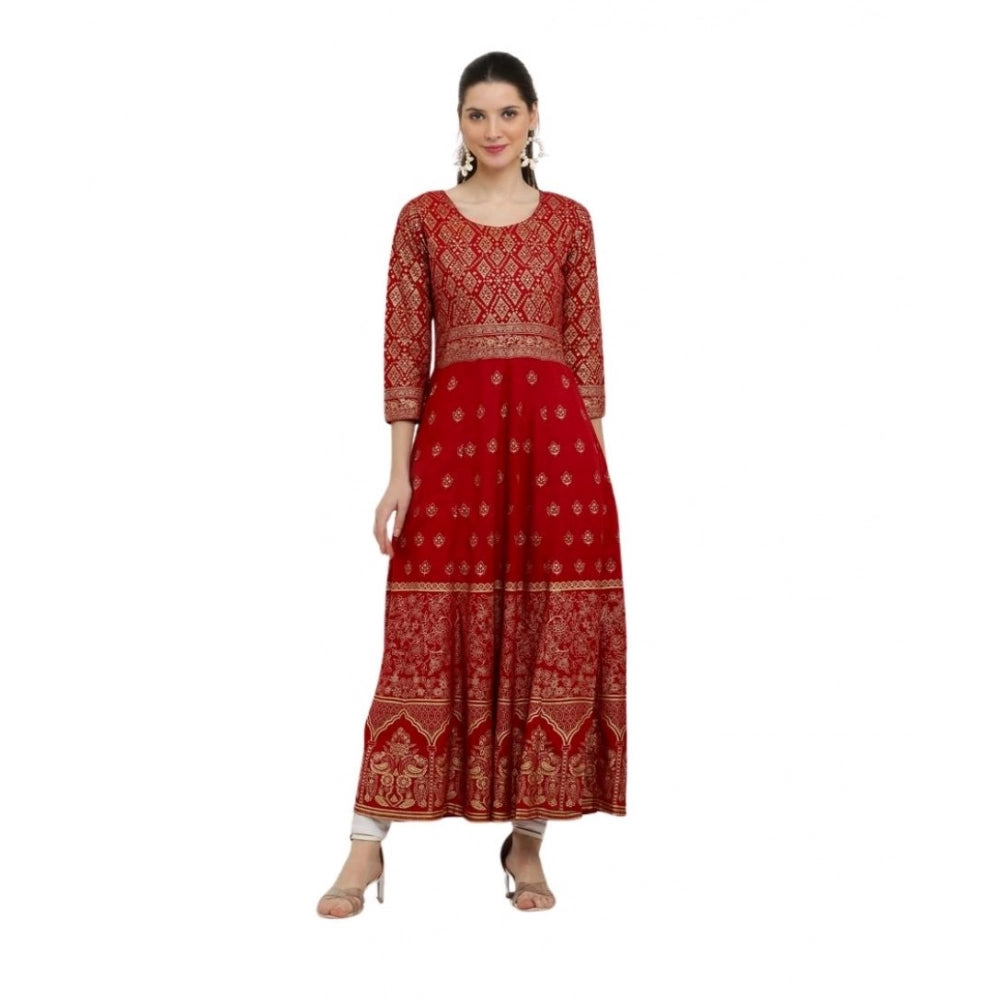 Snuggle Spot Women's Casual Rayon 3-4th Sleeves Anarkali Kurti (Red)