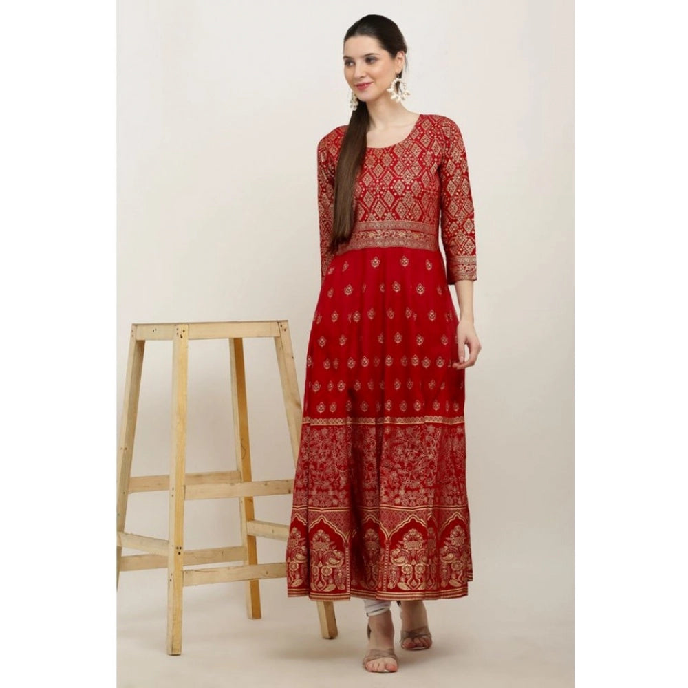 Snuggle Spot Women's Casual Rayon 3-4th Sleeves Anarkali Kurti (Red)