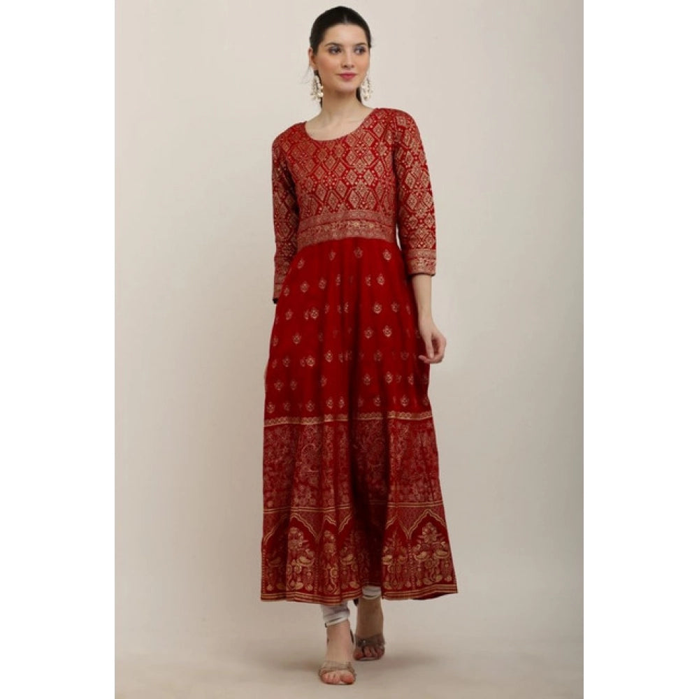 Snuggle Spot Women's Casual Rayon 3-4th Sleeves Anarkali Kurti (Red)