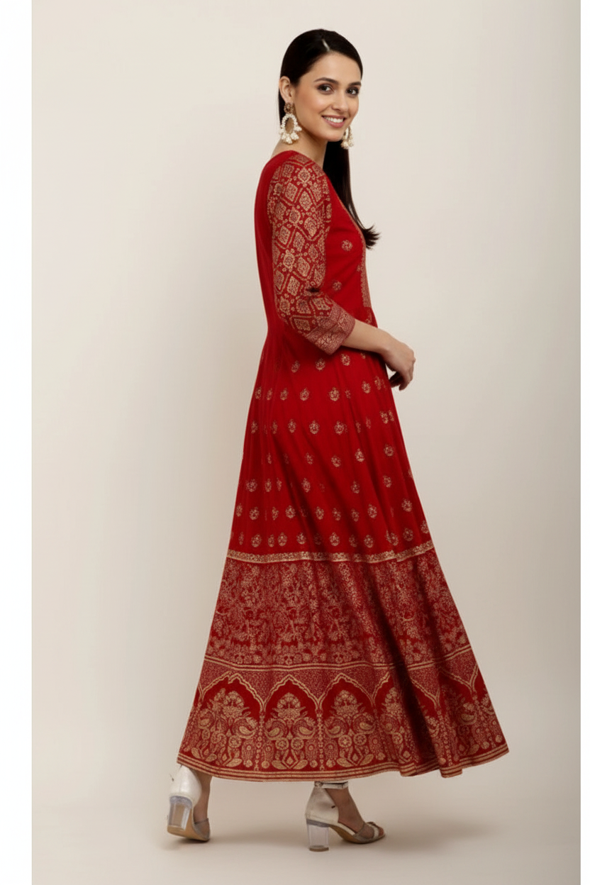 Snuggle Spot Women's Casual Rayon 3-4th Sleeves Anarkali Kurti (Red)
