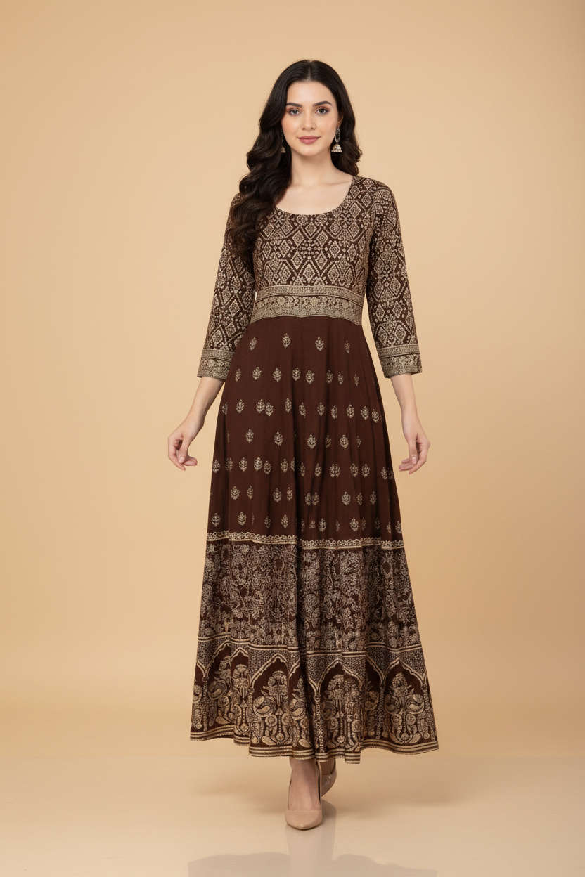 Snuggle Spot Women's Casual Rayon 3-4th Sleeves Anarkali Kurti (Brown)