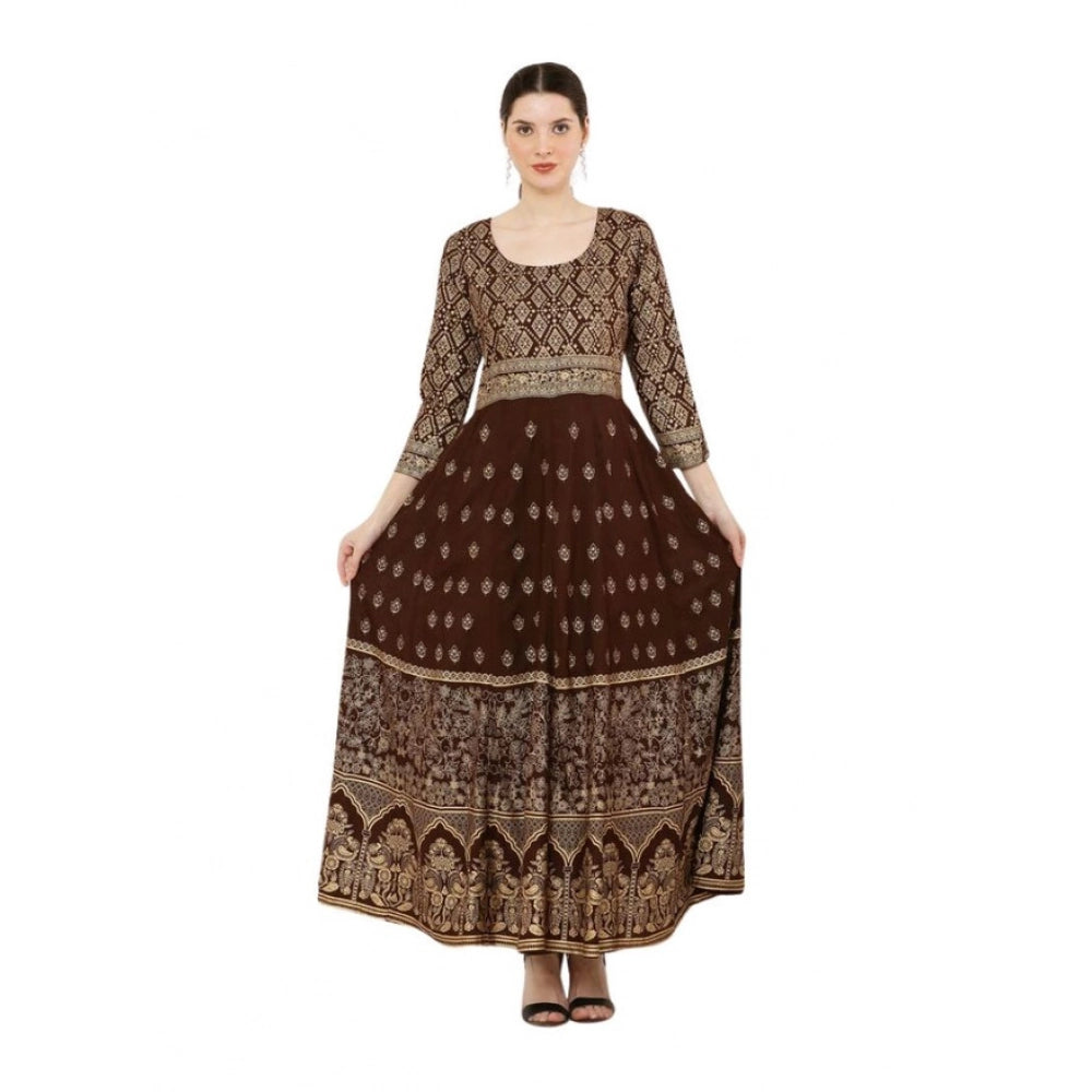 Snuggle Spot Women's Casual Rayon 3-4th Sleeves Anarkali Kurti (Brown)