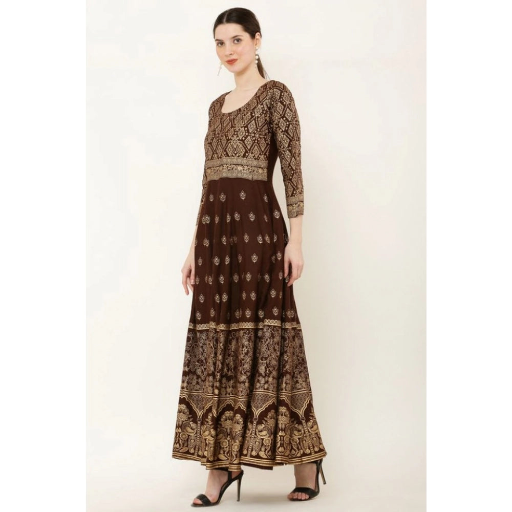 Snuggle Spot Women's Casual Rayon 3-4th Sleeves Anarkali Kurti (Brown)