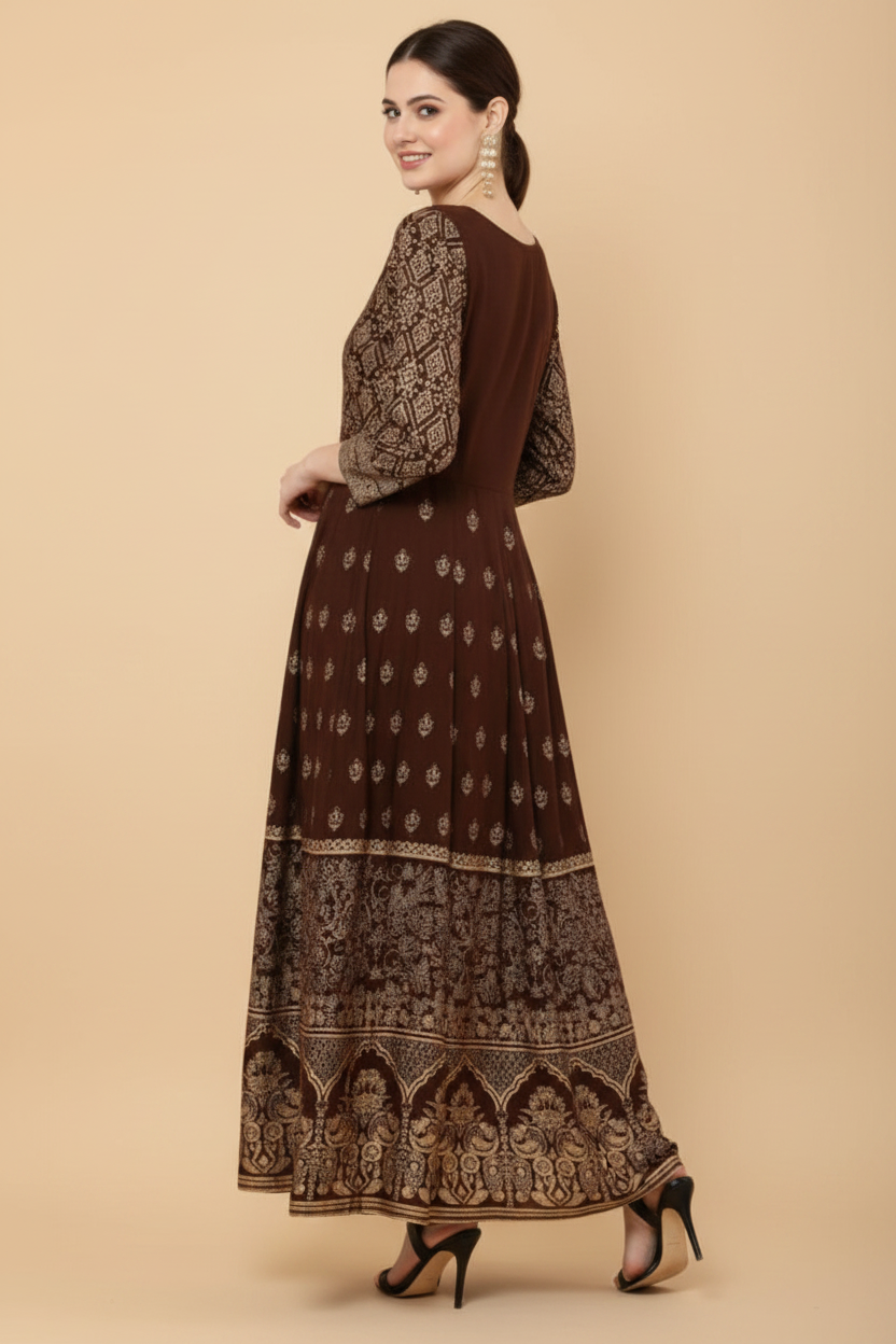Snuggle Spot Women's Casual Rayon 3-4th Sleeves Anarkali Kurti (Brown)