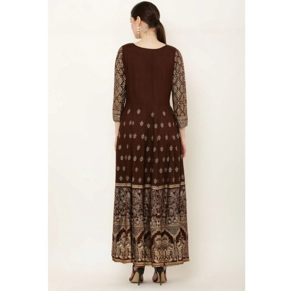 Snuggle Spot Women's Casual Rayon 3-4th Sleeves Anarkali Kurti (Brown)