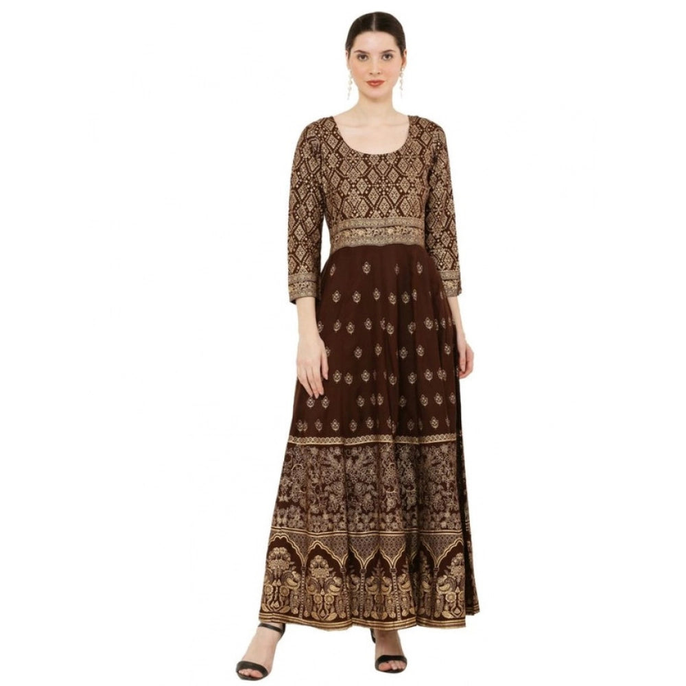 Snuggle Spot Women's Casual Rayon 3-4th Sleeves Anarkali Kurti (Brown)