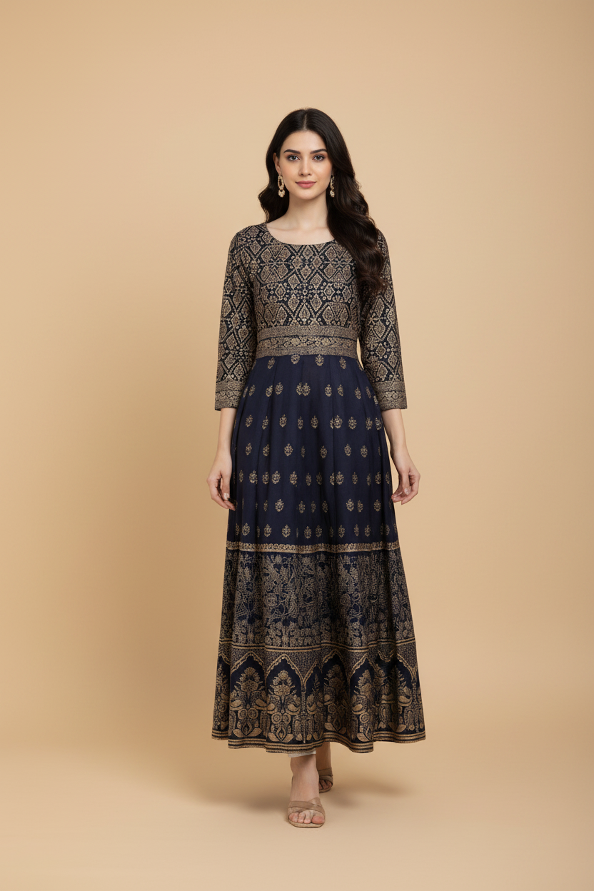 Snuggle Spot Women's Casual Rayon 3-4th Sleeves Anarkali Kurti (Blue)