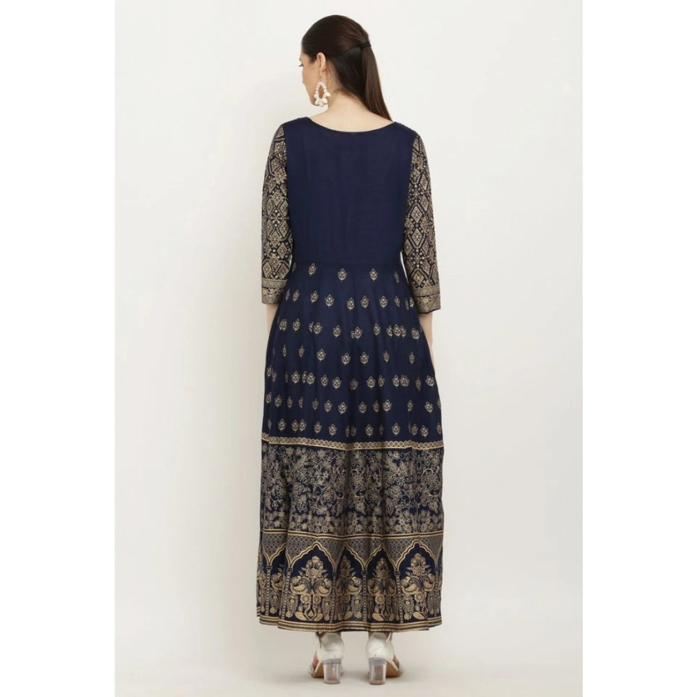 Snuggle Spot Women's Casual Rayon 3-4th Sleeves Anarkali Kurti (Blue)
