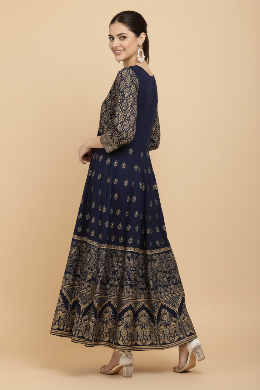 Snuggle Spot Women's Casual Rayon 3-4th Sleeves Anarkali Kurti (Blue)