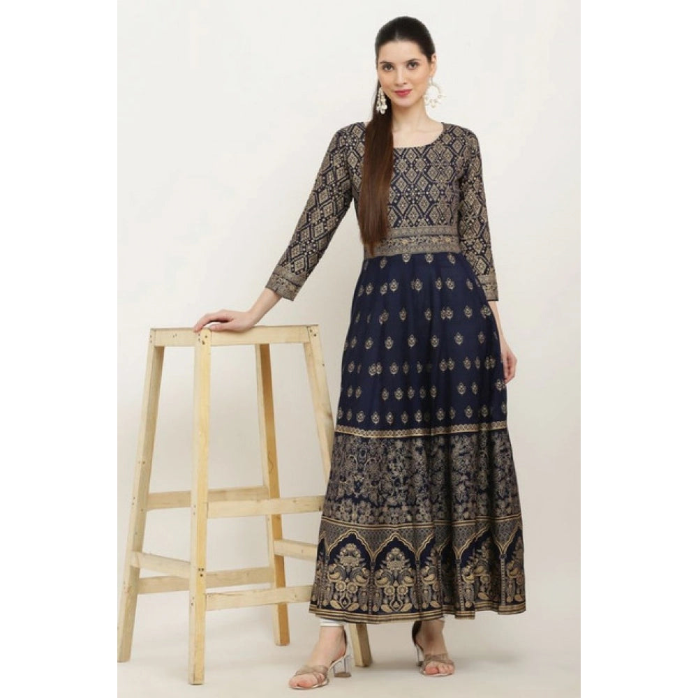 Snuggle Spot Women's Casual Rayon 3-4th Sleeves Anarkali Kurti (Blue)