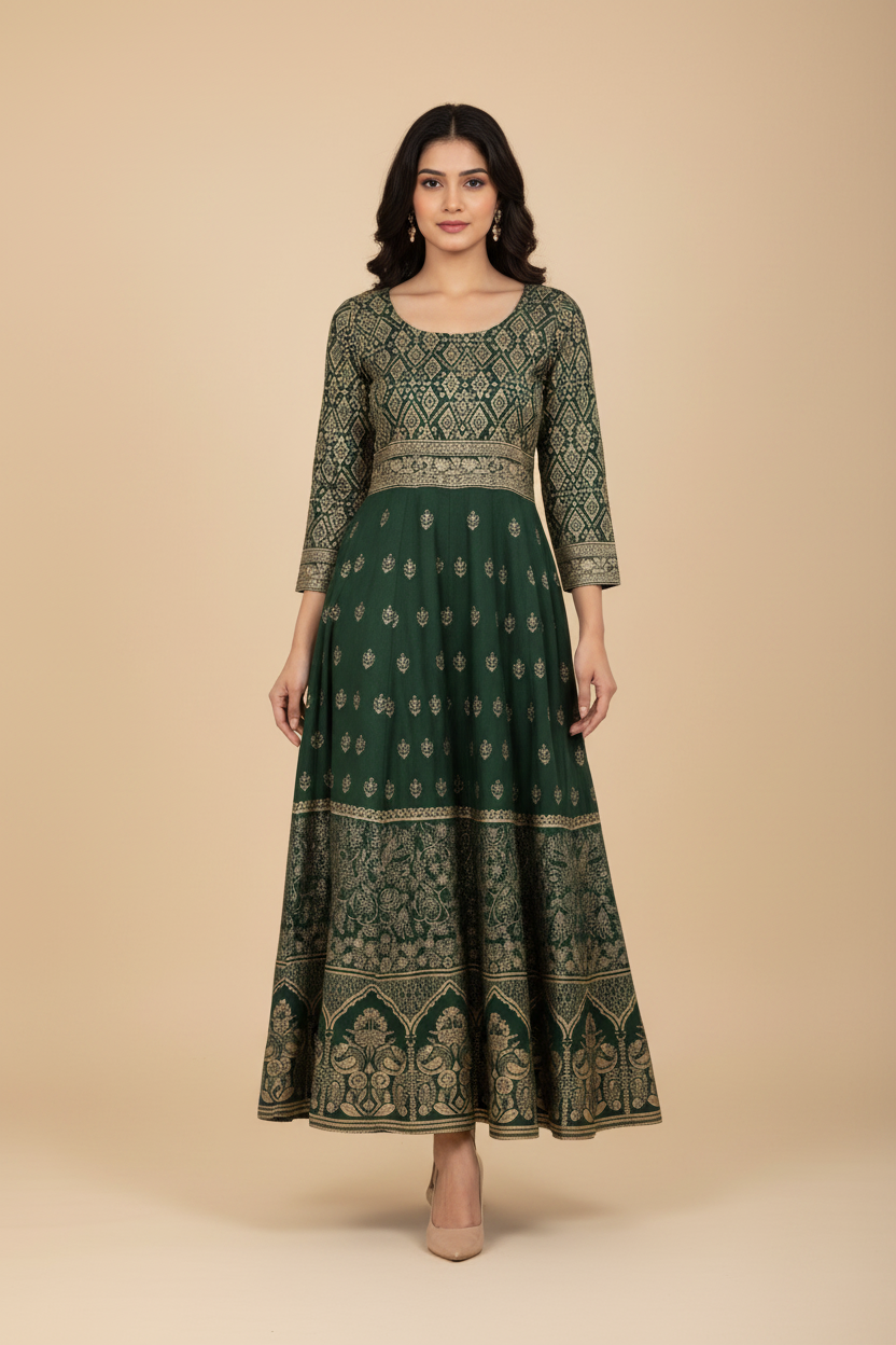 Snuggle Spot Women's Casual Rayon 3-4th Sleeves Anarkali Kurti (Green)