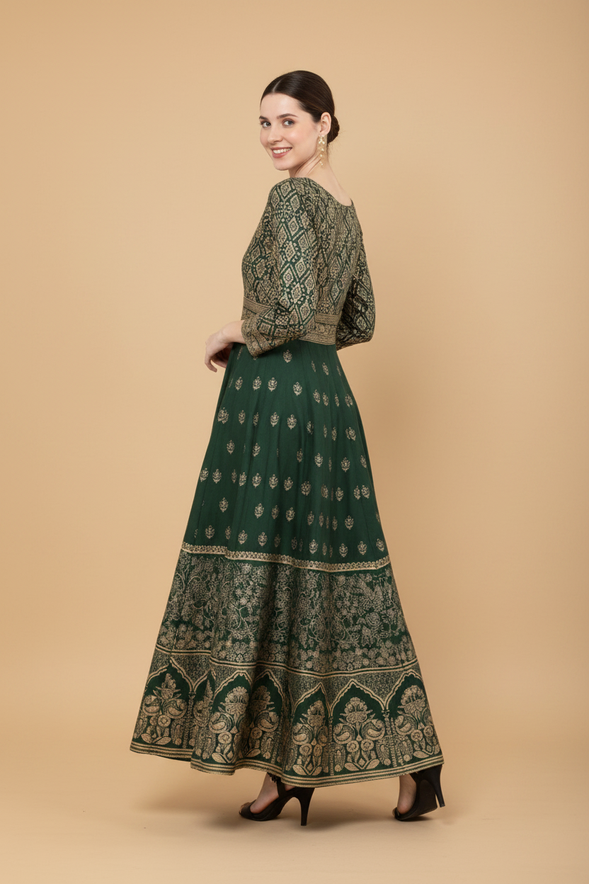 Snuggle Spot Women's Casual Rayon 3-4th Sleeves Anarkali Kurti (Green)