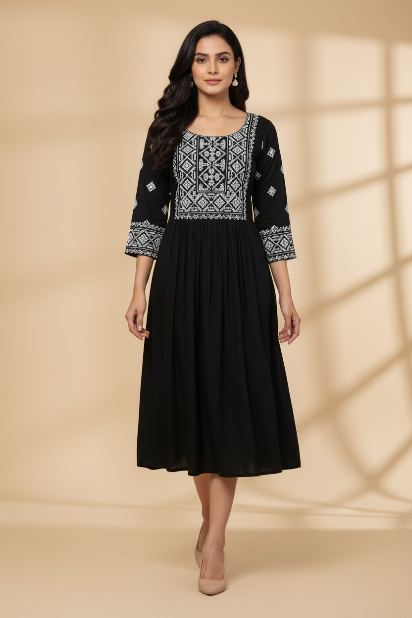 Snuggle Spot Women's Casual Rayon 3-4th Sleeves Kurti (Black)