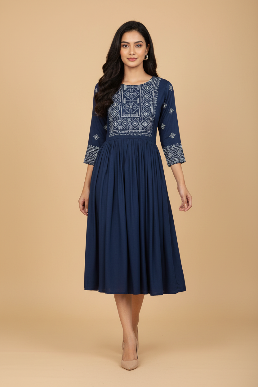 Snuggle Spot Women's Casual Rayon 3-4th Sleeves Kurti (Blue)