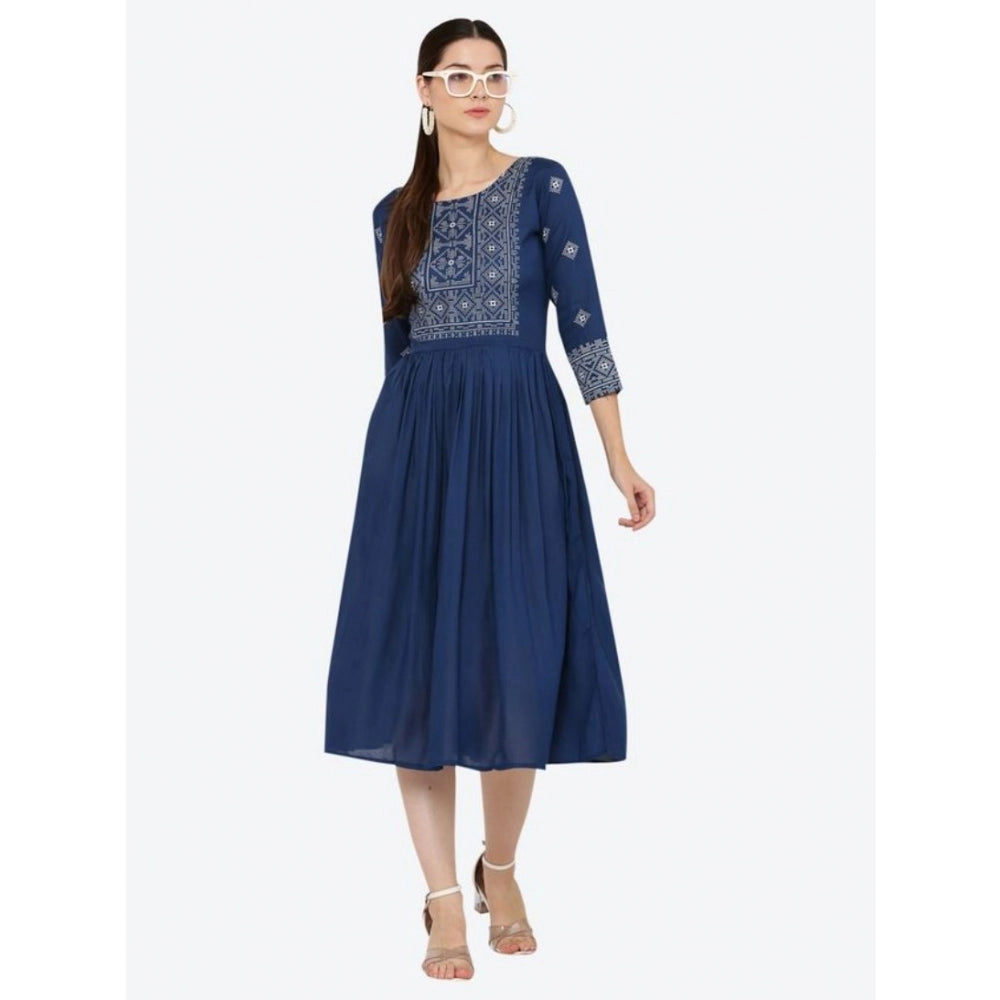 Snuggle Spot Women's Casual Rayon 3-4th Sleeves Kurti (Blue)