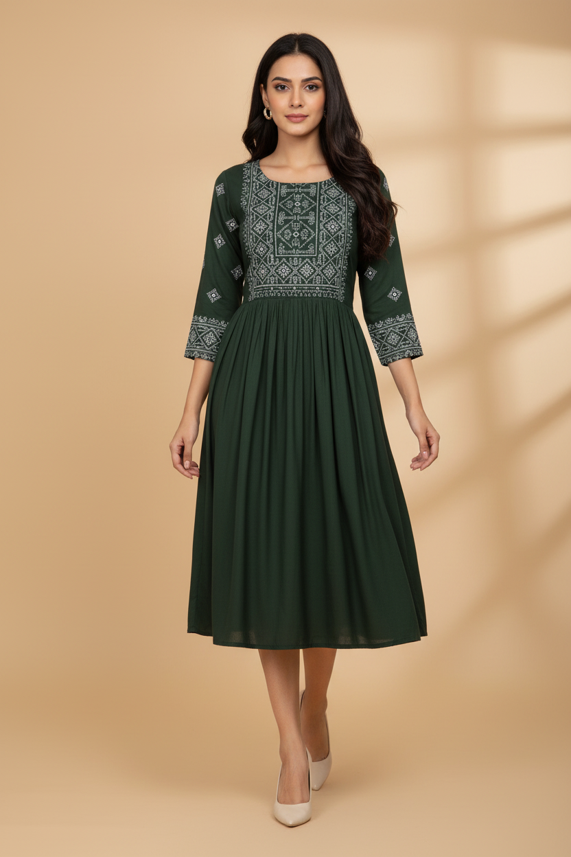 Snuggle Spot Women's Casual Rayon 3-4th Sleeves Kurti (Green)