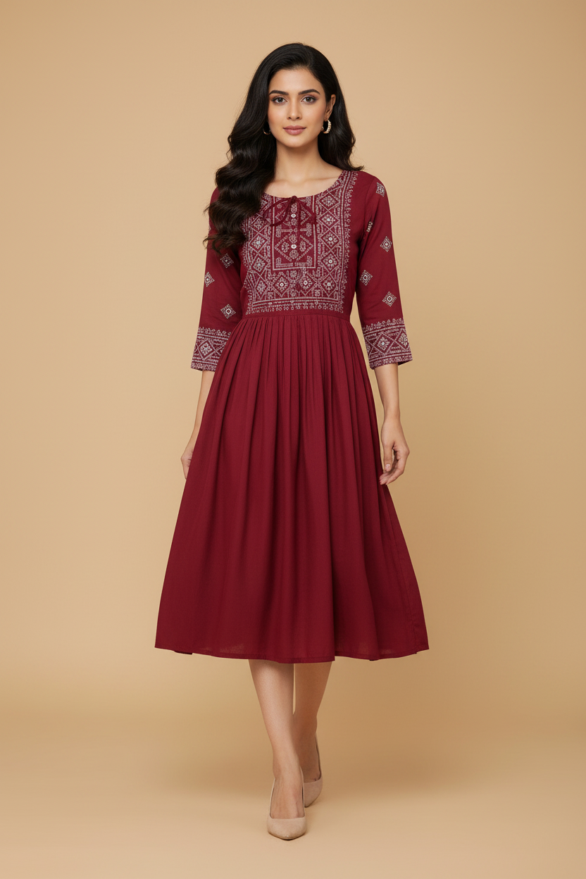 Snuggle Spot Women's Casual Rayon 3-4th Sleeves Kurti (Maroon)
