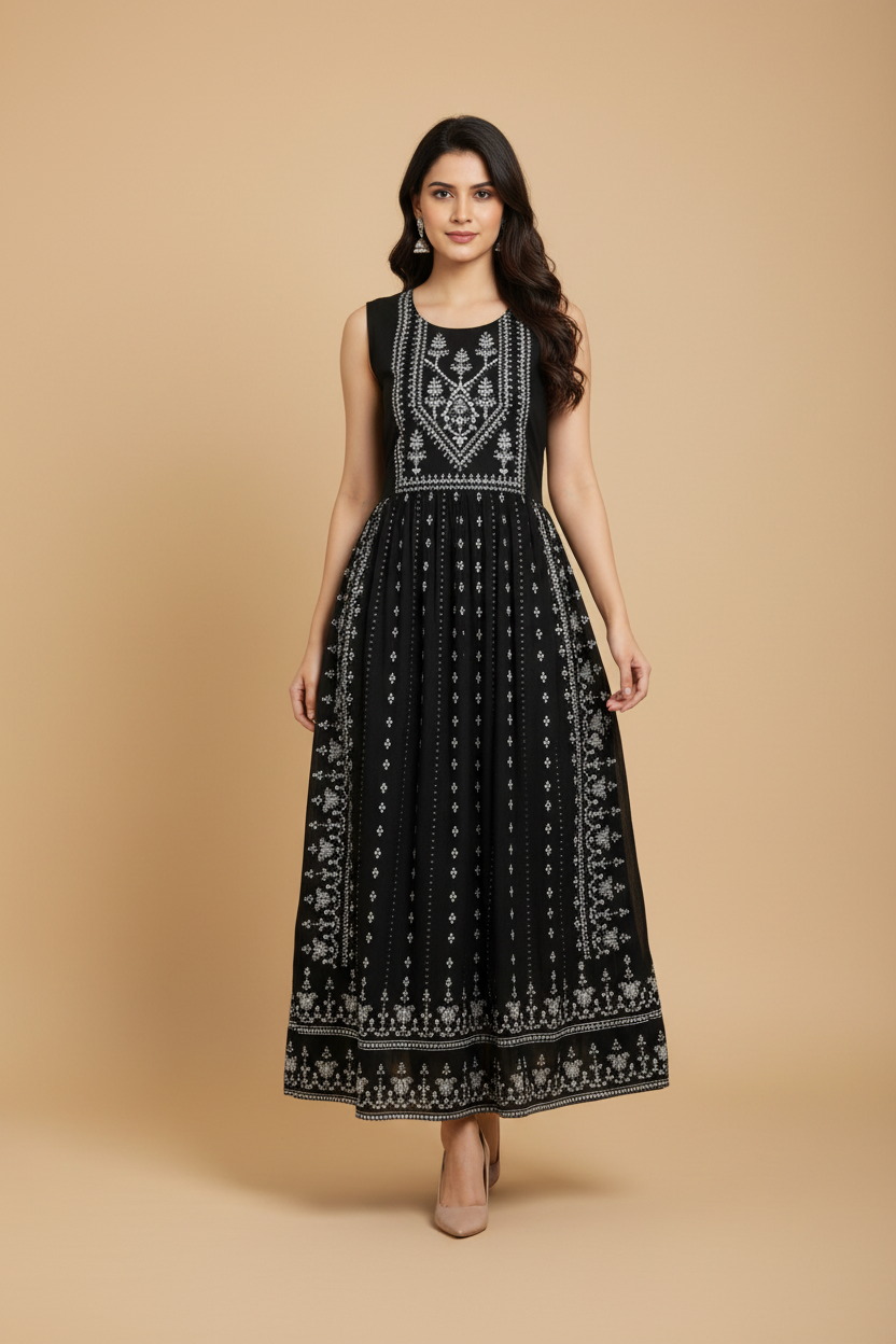 Snuggle Spot Women's Casual Rayon Sleeveless Kurti (Black)