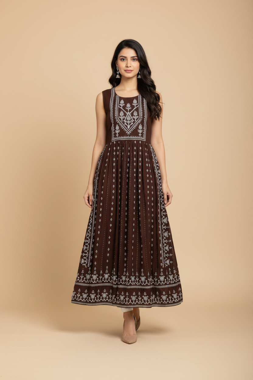 Snuggle Spot Women's Casual Rayon Sleeveless Kurti (Brown)
