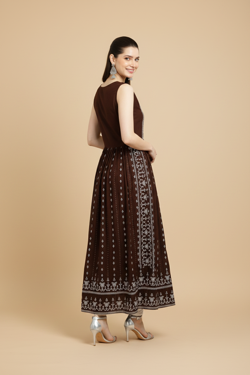 Snuggle Spot Women's Casual Rayon Sleeveless Kurti (Brown)