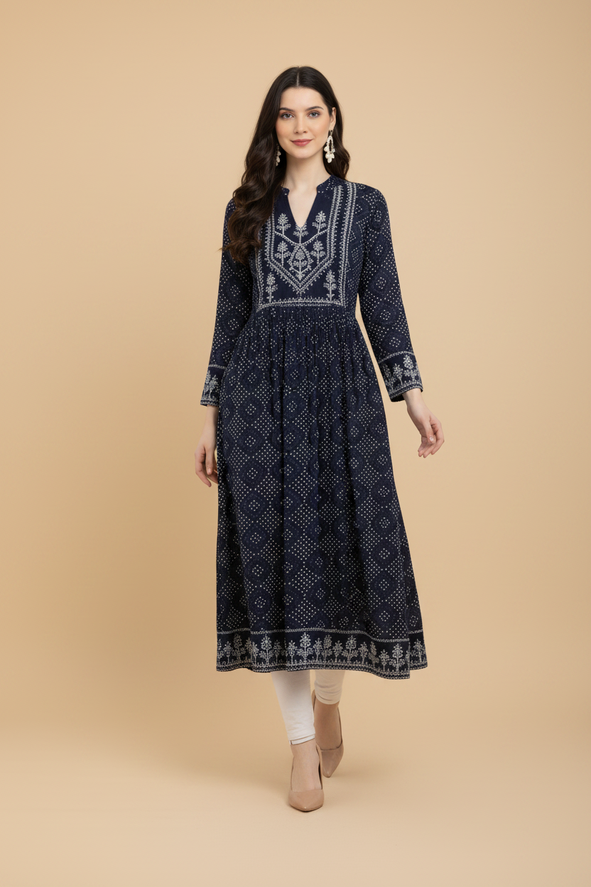 Snuggle Spot Women's Casual Rayon Full sleeve Kurti (Blue)
