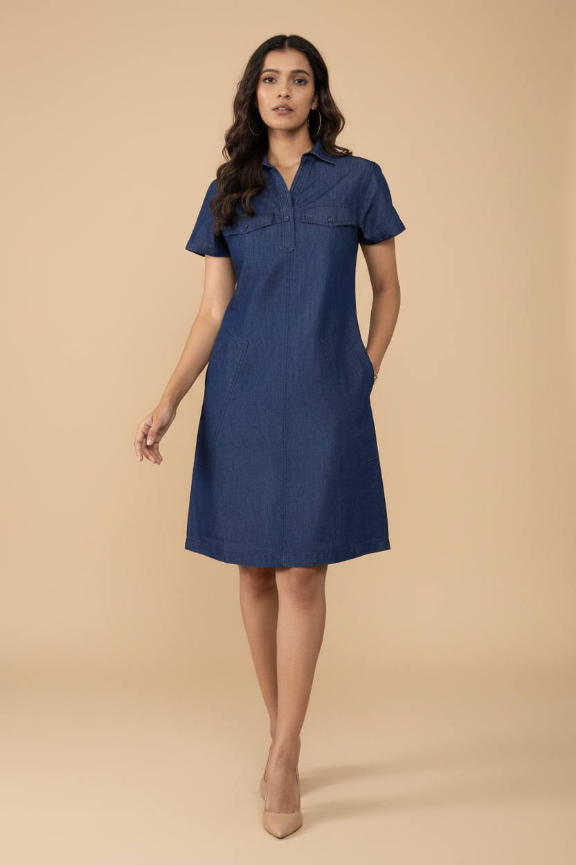 Snuggle Spot Women's Casual Denim Half Sleeves Dress (Blue)