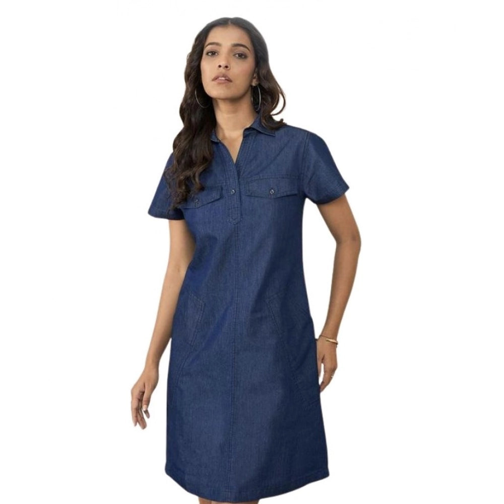 Snuggle Spot Women's Casual Denim Half Sleeves Dress (Blue)