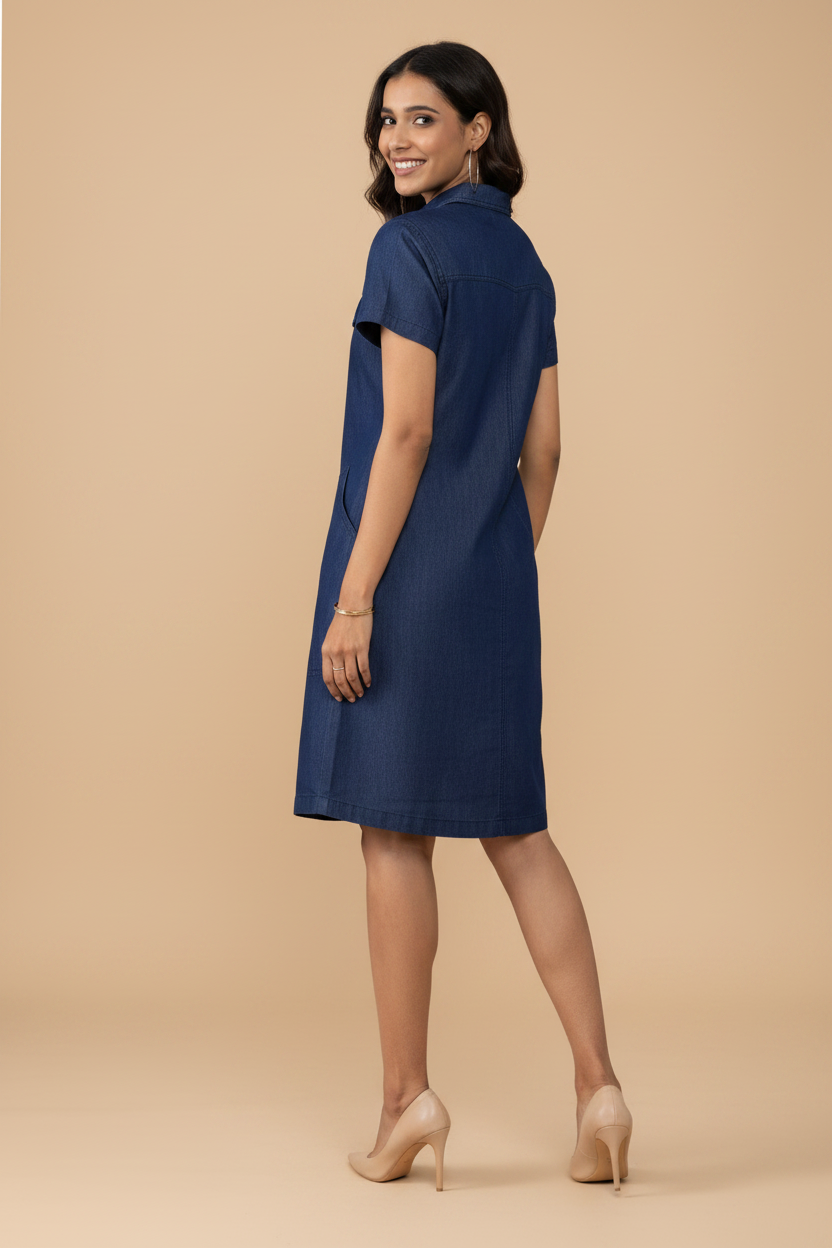 Snuggle Spot Women's Casual Denim Half Sleeves Dress (Blue)