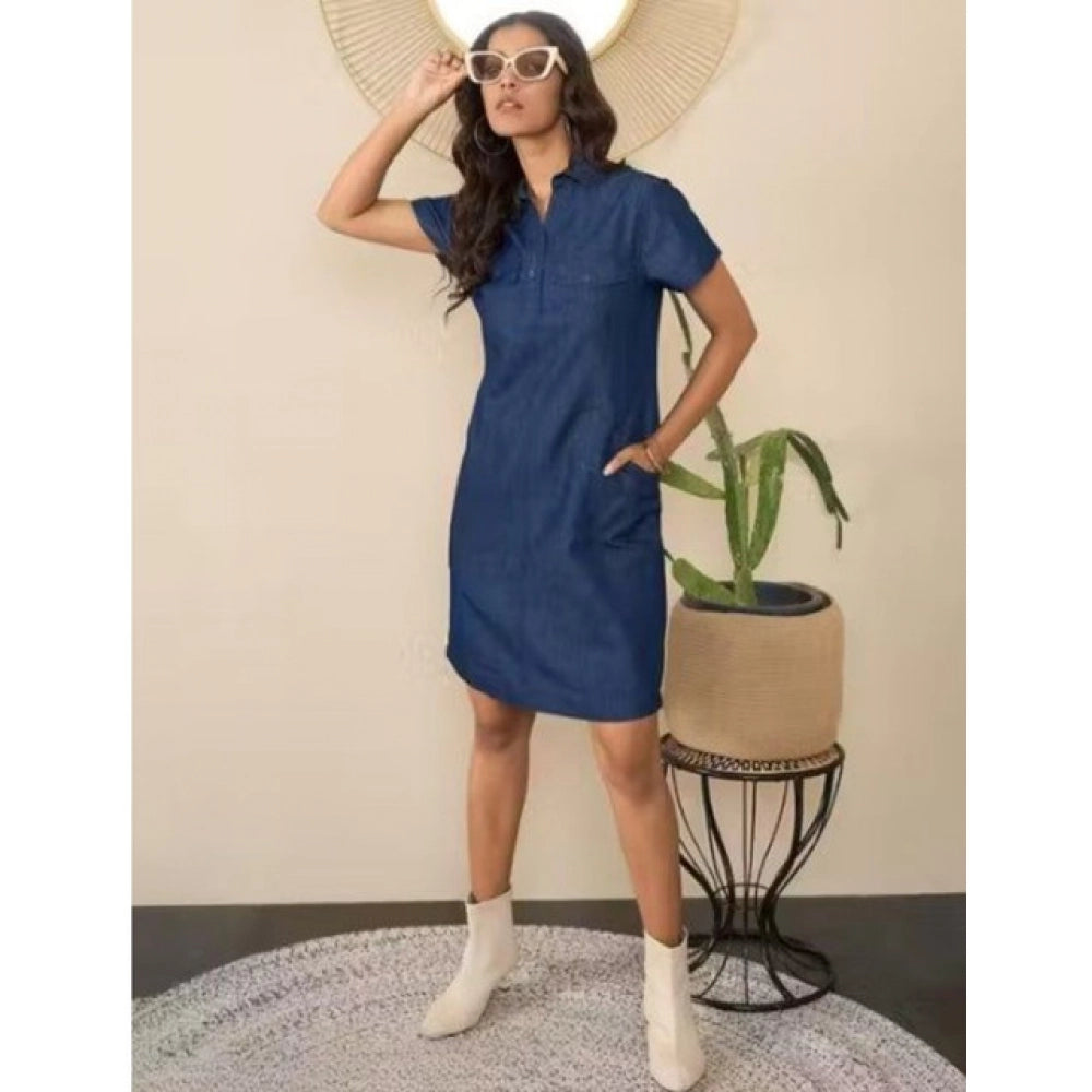 Snuggle Spot Women's Casual Denim Half Sleeves Dress (Blue)