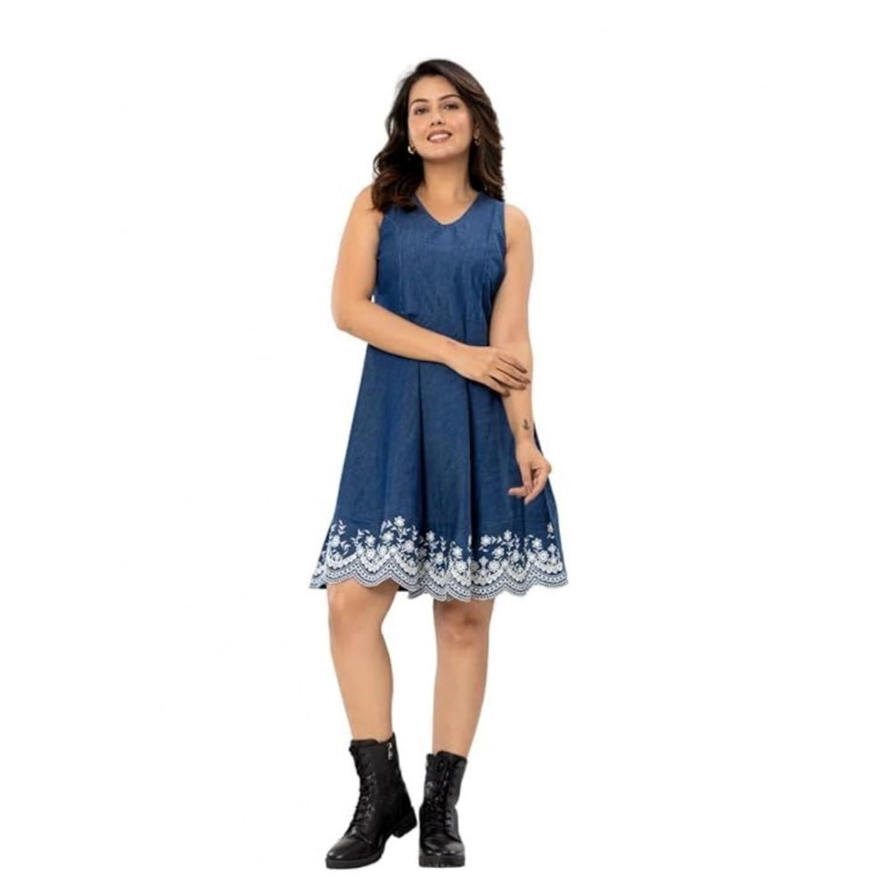 Snuggle Spot Women's Casual Denim Sleeveless Dress (Blue)