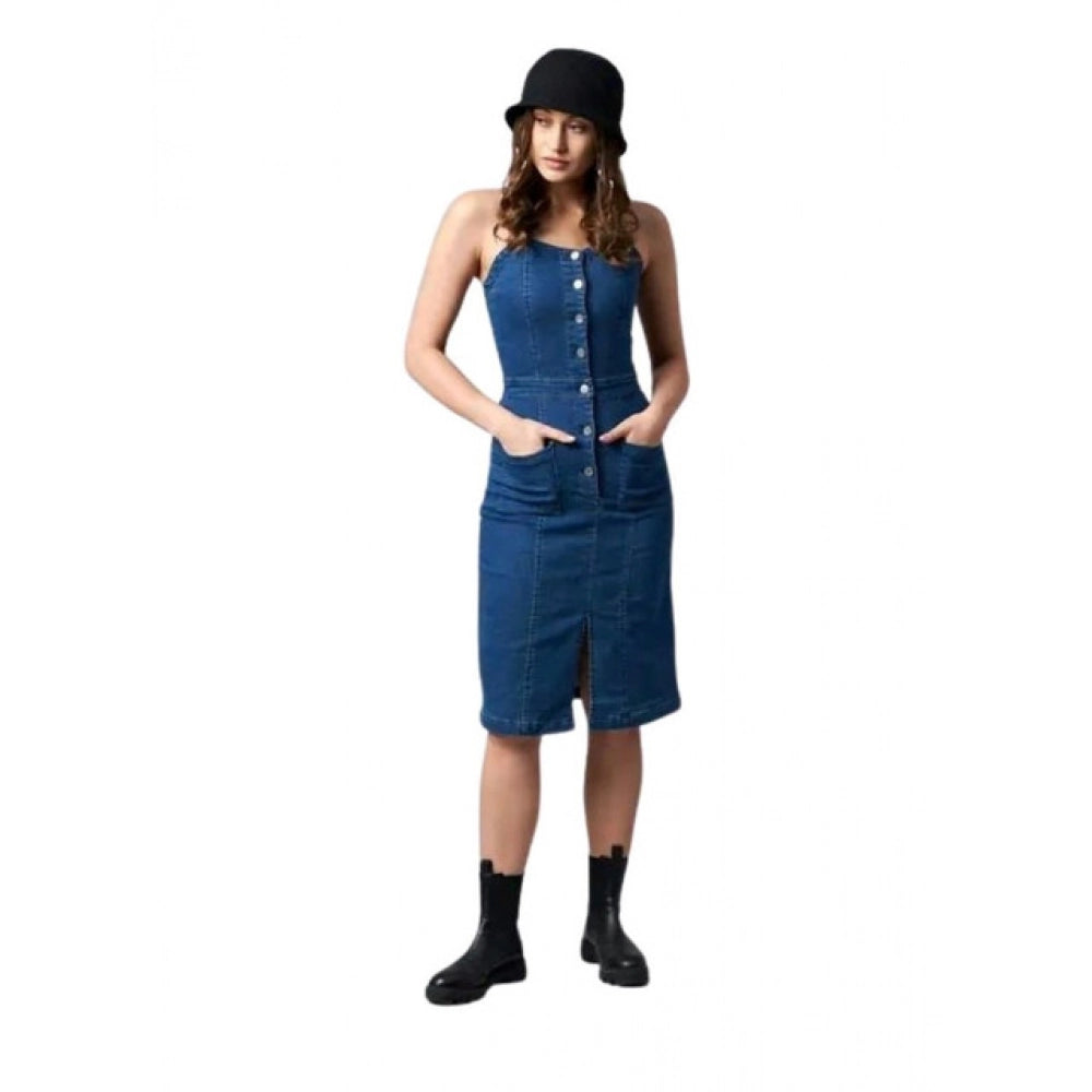 Snuggle Spot Women's Casual Denim Sleeveless Dress (Blue)