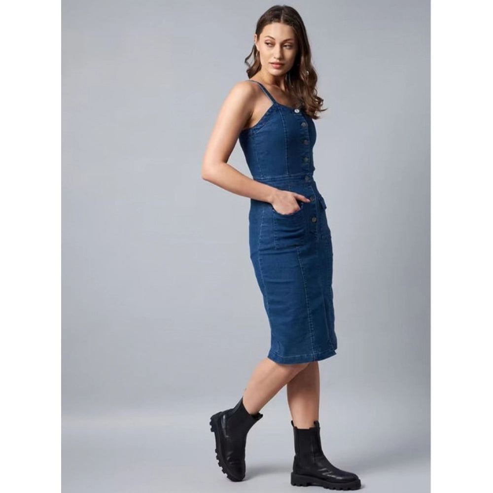 Snuggle Spot Women's Casual Denim Sleeveless Dress (Blue)